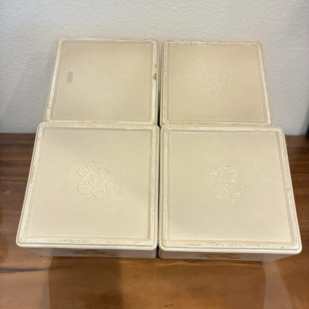 Vintage Hyalyn USA Mid-Century Modern Wildflowers Canister Set of 4 Wooden Lids